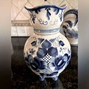 Russian Gzhel Porcelain Floral Vase, Blue & White, 10”